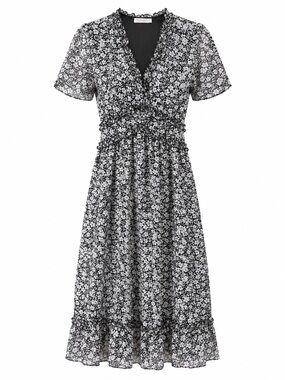 KIRUNDO Black & White Floral Ruffle Midi Dress – Size Small
